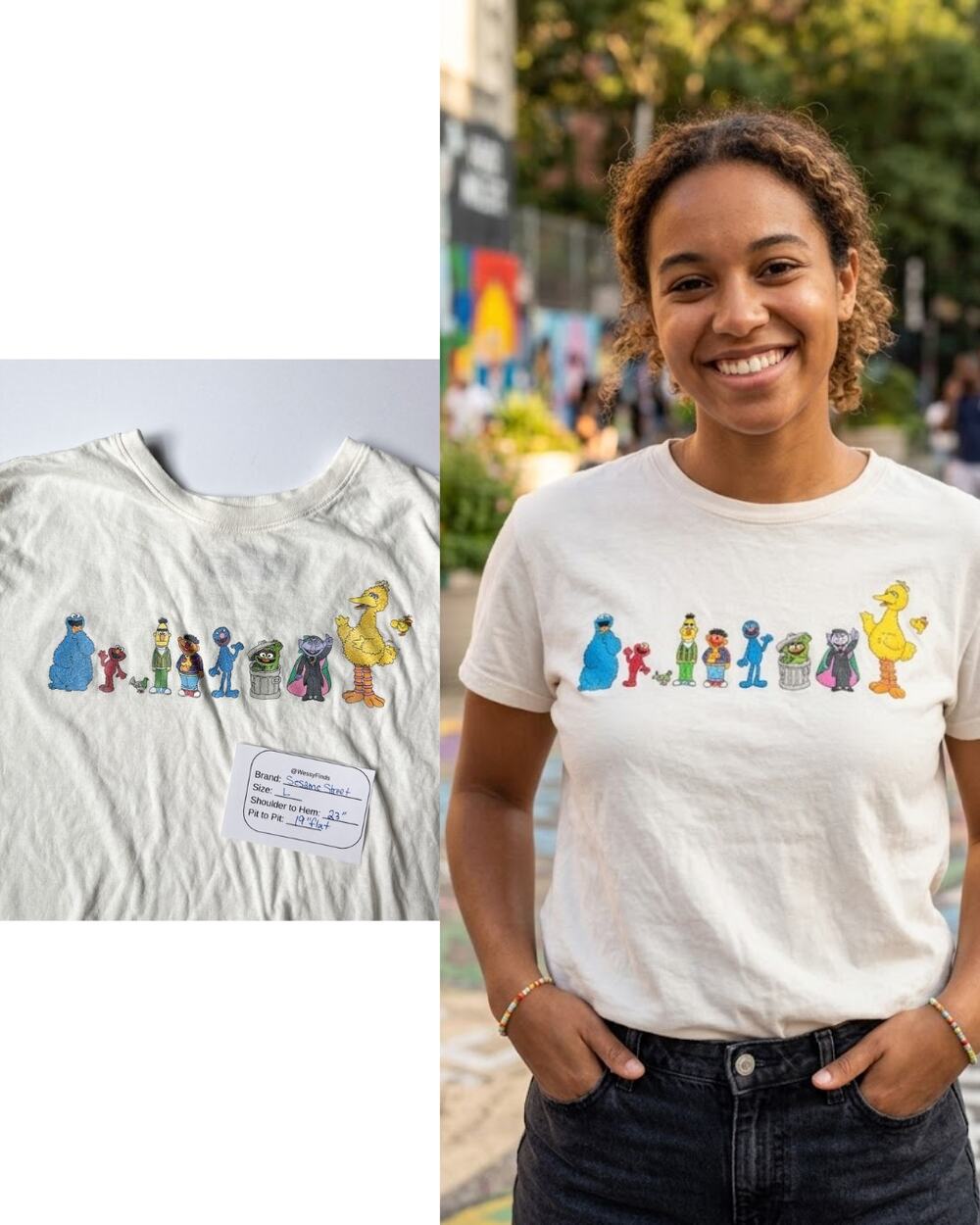 White Graphic Tee with Retro Sesame Street Character Lineup | Size Large